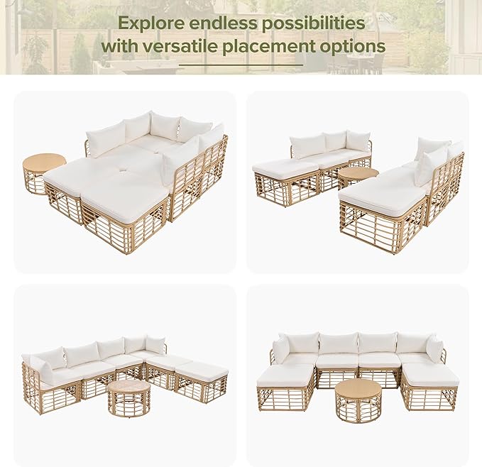 7 Pieces Outdoor Patio Furniture, All-Weather Rattan Sectional Sofa Set with Thick Cushions and Pillows, Freely Combined Conversation Sets for Garden, Backyard, Balcony (Beige#33)
