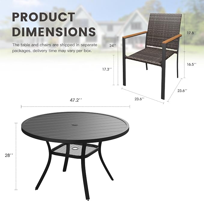 Round Patio Dining Set for 6, 47.2" Round Metal Table with Umbrella Hole and Stackable Wicker Patio Chairs, Outdoor Furniture Set for Deck Backyard Garden, Walnut Chairs, Black Table