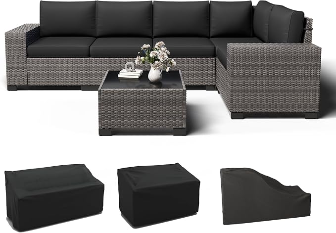 Outdoor Patio Furniture Set, 8'' Wide armrest Outdoor Sectional Rattan Sofa Set, Wicker Patio Furniture Sets w/Coffee Table,Thick Cushions and Cover for Porch, Balcony,Deck 6 PCS(Grey&Black)