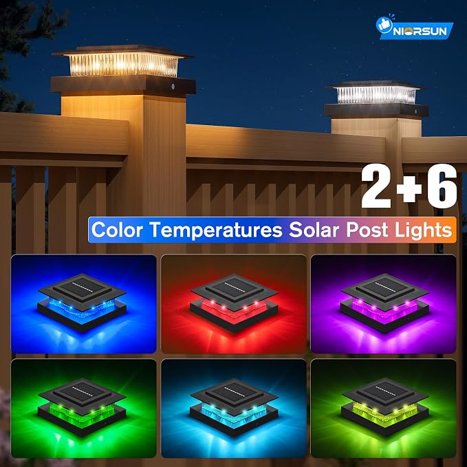 4x4 Post Solar Lights Color Changing,Solar Post Light, 6 Pack Black | RGB Solar Post Cap Lights for 4x4 Post Caps Wood Vinyl,IP44 Waterproof Fence Post Solar Lights Outdoor, Solar Deck Post Light