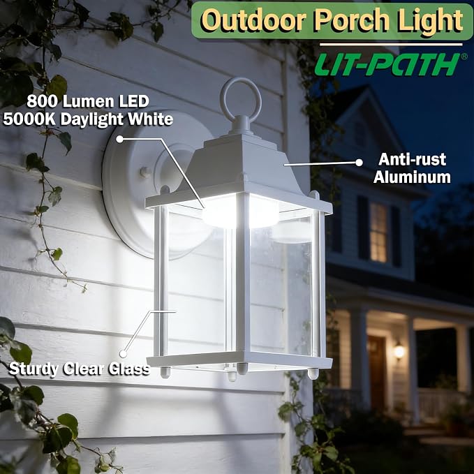 Outdoor Wall Light Fixture, Rustproof Aluminum, Clear Glass, LED | Exterior Porch Light Wall Sconce Lantern for House, Patio, Garage, Waterproof Anti-rust, 9.5W 800 Lumen, 5000K, White, 2 Pack