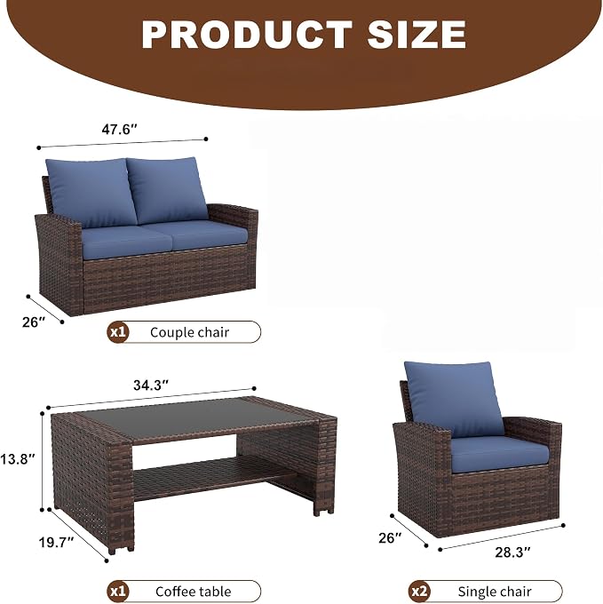 UDPATIO Patio Furniture Set, Outdoor Furniture Sets with Loveseats Sofa, Wicker Rattan Outdoor Conversation Set with Storage CoffeeTable for Backyard, Deck, Porch,Brown/Blue