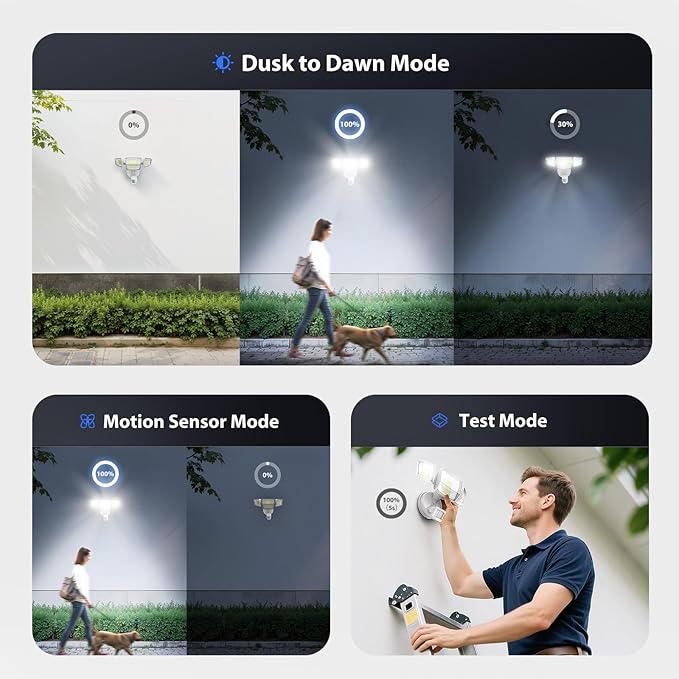 Onforu Outdoor Motion Sensor Light, Dusk to Dawn Outside Lighting, White | Hardwired 4-head 10000LM LED security floodlight, IP66 waterproof, movement detection, garage yard backyard driveway, 2 pack