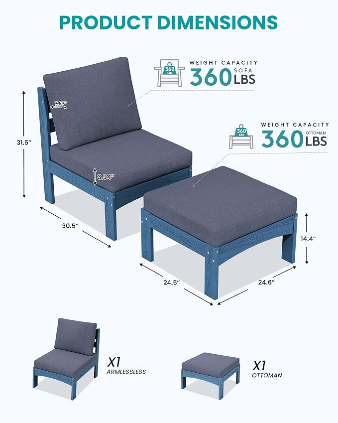 SERWALL 2 Pieces Patio Sofa Set, Durable HDPE Outdoor Lounge Sofa with Removable Cushions and Ottoman, Modern Modular Conversation Set for Porch or Balcony, Blue Frame with Khaki Cushion