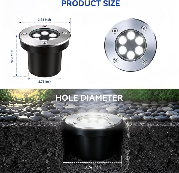 JESLED Outdoor Landscape Lights, Low Voltage In Ground Well Lights, 6 Pack | 6000K Warm White, 6W LED, 12V/24V, IP67 Waterproof, 5-Ton Pressure Resistant & 90° Beam for Driveway Decks Step Garden