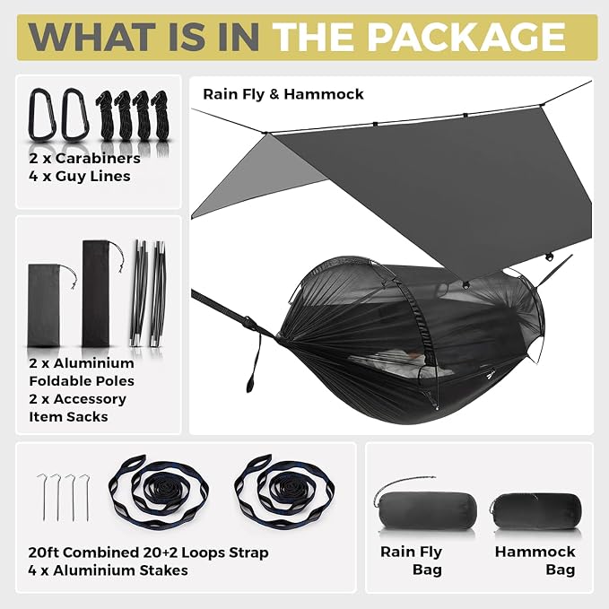 ADVOKAIR Camping Hammock with Mosquito Net and Rain Fly, Up to 500lbs, Ultralight and Portable Nylon Travel Hanging Hammock with Tree Straps, Perfect for Outside, Backpacking, Hiking and Backyard