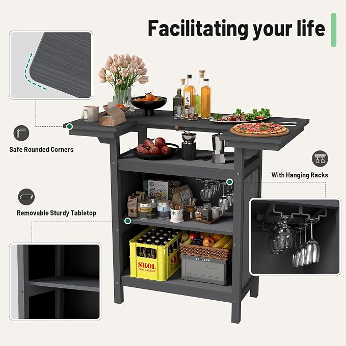 Domi Outdoor Bar Table, All-Weather HDPE Outdoor Kitchen Island with 4-Tier Storage Shelves, Patio Bar with Spacious Tabletop for Backyard, Poolside & BBQ, Grey
