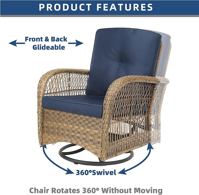 3-Piece Patio Wicker Conversation Bistro Set, Rattan Gliding Rocking Swivel Chairs with Cushion and Glass Top Side Table Outdoor Furniture Sets for Garden Backyard, Navy Blue