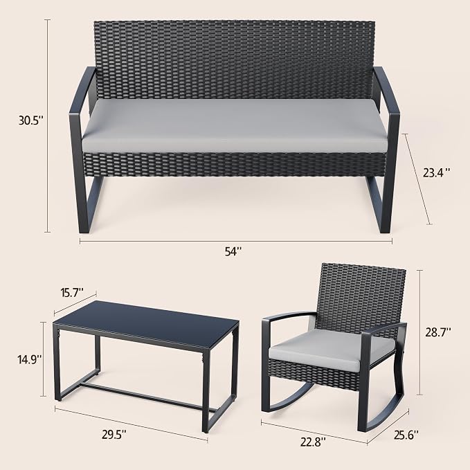 Ahomly 8 Piece Outdoor Patio Furniture Set, Outdoor Wicker Patio Furniture with Glass Coffee Table, Modern Rattan Rocking Chairs Conversation Set, for Porch, Garden, Lawn,Grey Cushion