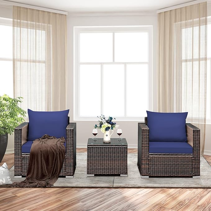 RELAX4LIFE 3-Piece Wicker Bistro Set - Outdoor Patio Rattan Sofa Set w/Washable Cushions & Tempered Glass Coffee Table, Conversation Furniture Set for Backyard, Porch, Garden & Poolside (Navy Blue)