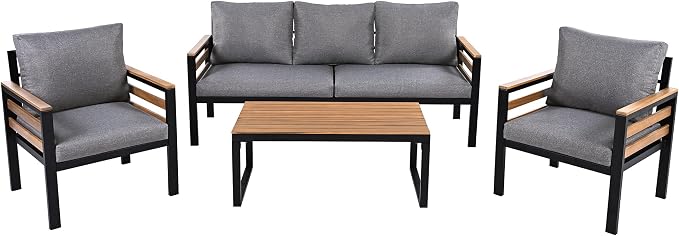 KLMM 4-Piece Outdoor Sofa Set for 5 People with Acacia Wood Armrests, Patio Conversation Set with Removable Cushion and Solid Wood Coffee Table,for Garden Backyard (Grey#g)