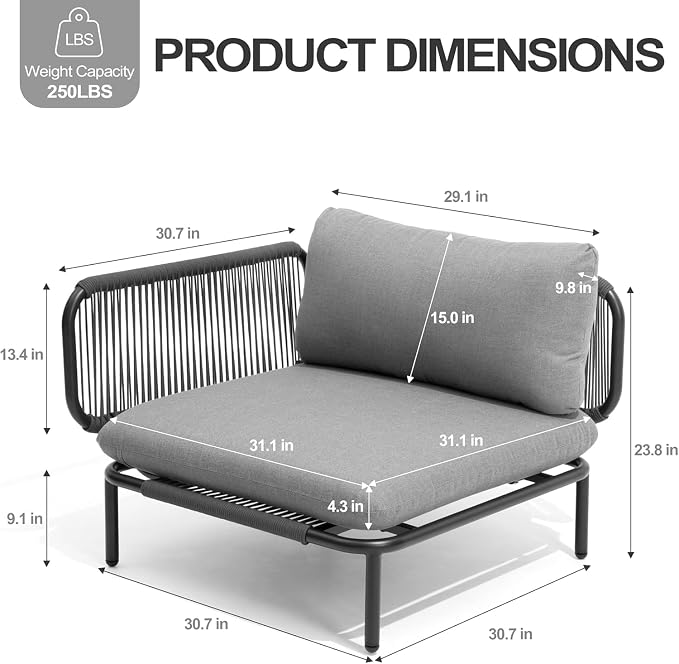 7 Piece Modern Outdoor Sectional Sofa, 31" Oversized Patio Furniture Set with Olefin Woven Rope, Weather-Resistant Metal Frame and Removable Cushion, Dark Grey