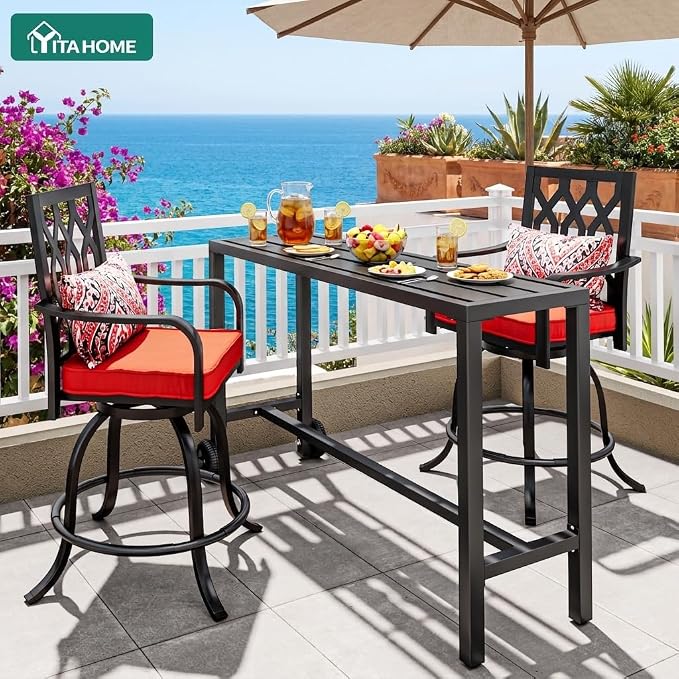 YITAHOME Metal Outdoor Patio Bar Table, 55" Tall Bar Height Table with Wheels, Narrow Rectangle Console Table for Balcony Garden Poolside, Black