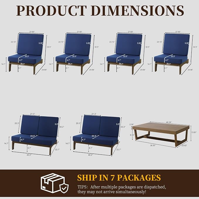 7 Pieces All Weather Wood Patio Furniture Sets, 2 Patio Loveseat, 4 Patio Bistro Chair, Outdoor Sectional Sofa Furniture Backyard Conversation Set with Coffee Table - Navy