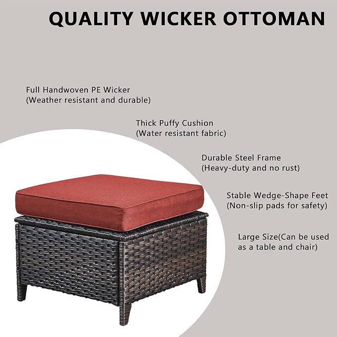 Rilyson Wicker Patio Furniture Sofa Set - 7 Piece Rattan Outdoor Patio Sectional Conversation Sets with 2 Sofa,2 Armrest Chairs,1 Coffee Table and 2 Ottomans for Porch Deck Garden(Brown/Red)