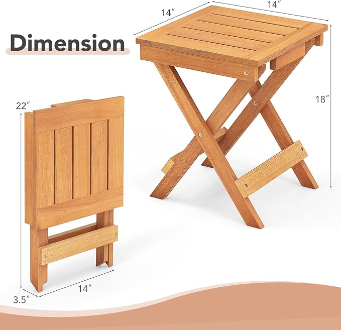 Tangkula Outdoor Folding Side Table, Wood Patio Bistro Table with Slatted Tabletop & X-Shaped Legs, Portable Square Coffee Table for Garden, Poolside, Camping, Picnic, 14" x 14" x 18" (1, 14 inches)
