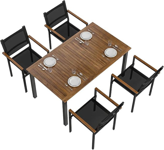 Outsunny 5 Piece Outdoor Dining Set, Outdoor Table and Chairs for 4, 59" Rectangular Acacia Wood Tabletop and 352 LBS Mesh Stackable Chairs, Patio Set for Garden, Backyard, Deck, Teak