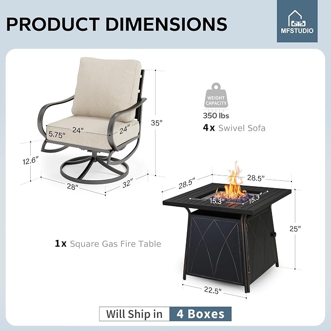 MFSTUDIO 5 Pieces Patio Conversation Sets, Outdoor Metal Furniture Sofas with 1 x 28 50,000 BTU Square Propane Fire Table and 4 x Wrought Iron Frame Swivel Chairs with Beige Cushion