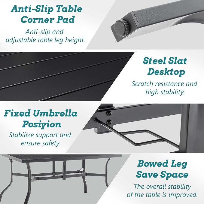Thanaddo 57" Outdoor Patio Dining Table, Metal Rectangular Table with 2.16" Umbrella Hole, Weather-Resistant Slatted Steel Table for Backyard, Garden, Poolside, Black
