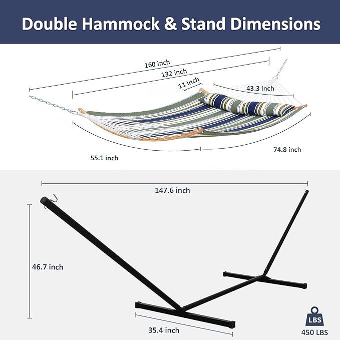 SUNCREAT Hammocks for Outside with Stand Included, Double Hammock with Curved Spreader Bar, Carrying Bag, Dark Green Stripes