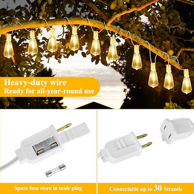 Brightever 50FT Outdoor String Lights Weatherproof, Patio Lights with 25+2 ST38 Edison Shatterproof Bulbs, Commercial Grade Warm White LED String Lights Decorative for Christmas, Wedding, Party, White
