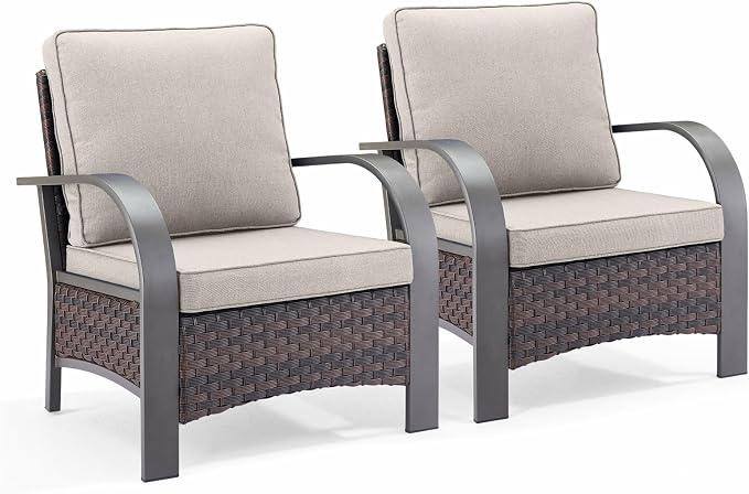 HUMMUH Outdoor Wicker Patio Chairs Set of 2-High Back Patio Dining Chairs Outdoor Patio Chairs for Deck Porch Lawn Garden Backyard-Brown/Beige