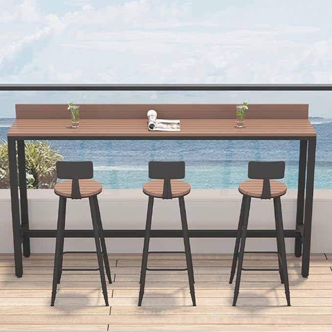 Outdoor Bar Table, Patio Pub Height Table with Anti-Fall Baffle, All-Weather Bar Height Counter Table, Narrow Dining Table for Hot Tub, Garden & Backyard(Color:Black+Wood,Size:L-62.9in)