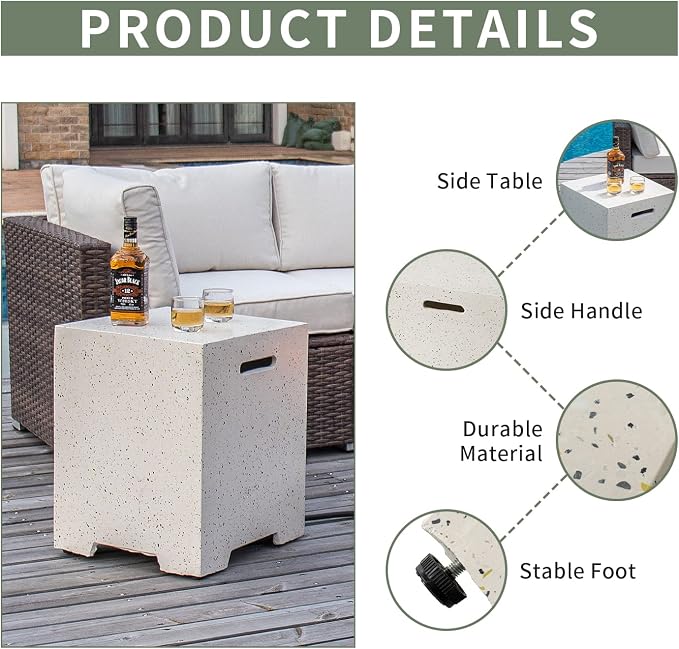 COSIEST Outdoor Hideaway Tank Table for Gas Fire Pits, Hides Standard 20lb 16-inch Propane Tank Cover w Side Handles (Terrazzo)