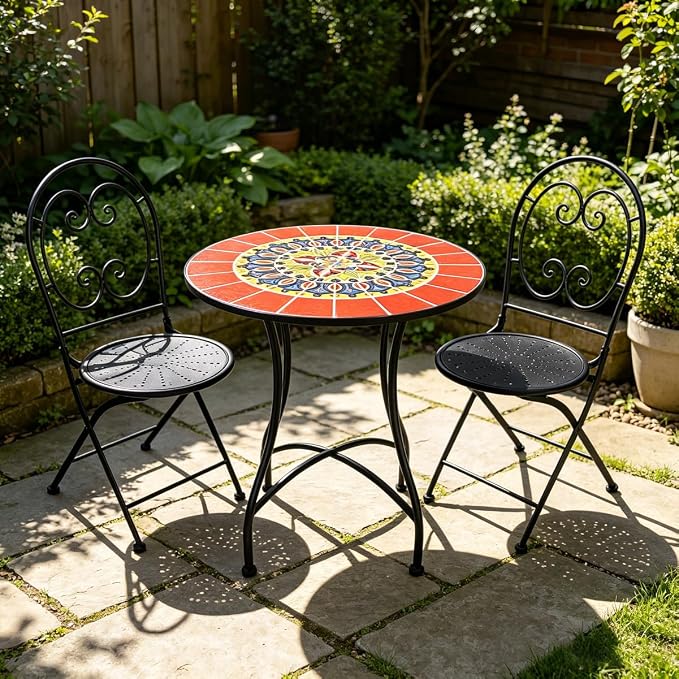 3 Piece Bistro Sets Mosaic Tile Round Table Folding Chairs Garden | Set of 3 Patio Furniture 23.6" Table and 2 Chairs Outdoor Bistro Chairs Artistic Table for Balcony Porch Apartment Backyard