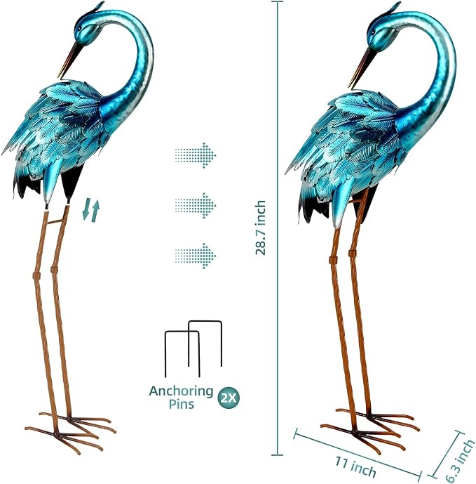 chisheen Crane Garden Statues, Metal Garden Crane Outdoor, Blue Heron Sculpture Metal Yard Art, Large Heron Decoy, Bird Statues, Lawn Ornaments for Backyard Pond Patio Porch Outside Decorations