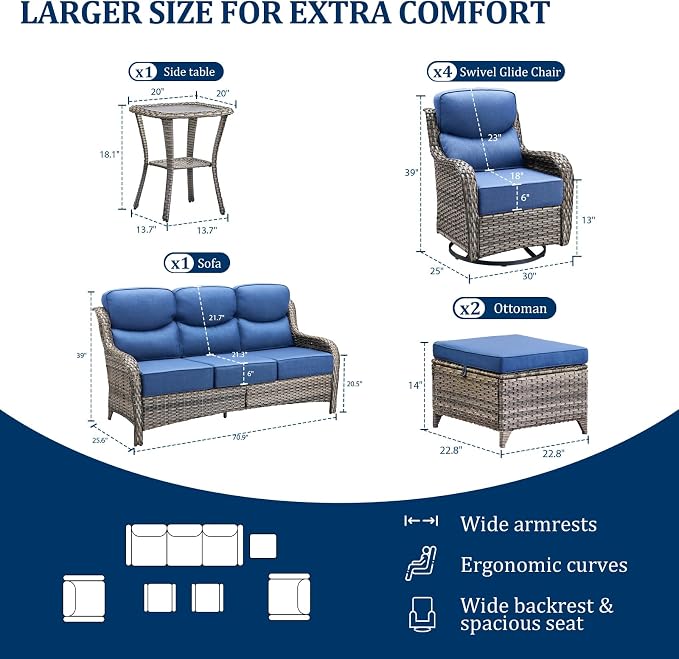 Luxury Swivel Rocker Chair Sofa Set with 6" Thick Cushions,6 Piece Wicker Swivel Rocker Patio Chair with footstools,Outdoor Comfortable High Back Chair Patio Furniture Set - Gery | Blue