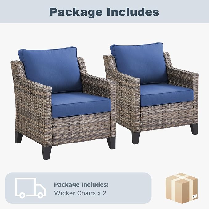Belord Patio Chairs Set of 2, Outdoor Wicker Chairs for Deck Porch Garden, 2 Piece Luxury Patio Furniture Set, Blue