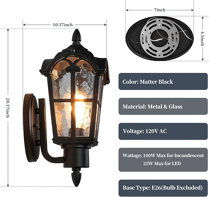 20’’ Extra Large Outdoor Wall Light Fixture, Exterior Wall Lantern Sconce | Waterproof, Rust-resistant, Matte Black, Water Ripple Glass, Quick & Easy Installation, Retro & Traditional