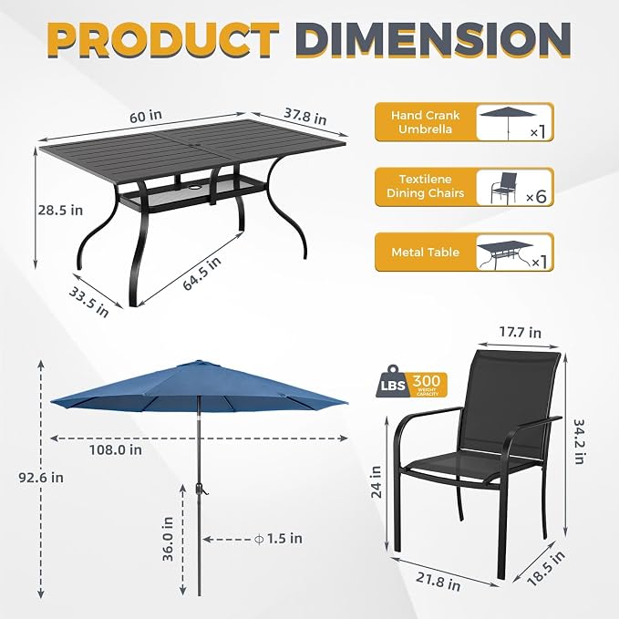 Crownland 7 Piece Patio Dining Set, Textilene Dining Sets, 6 Textilene Metal Chairs and Rectangular Outdoor Dining Table with Dark Blue 9FT Round Outdoor Umbrella (Black)
