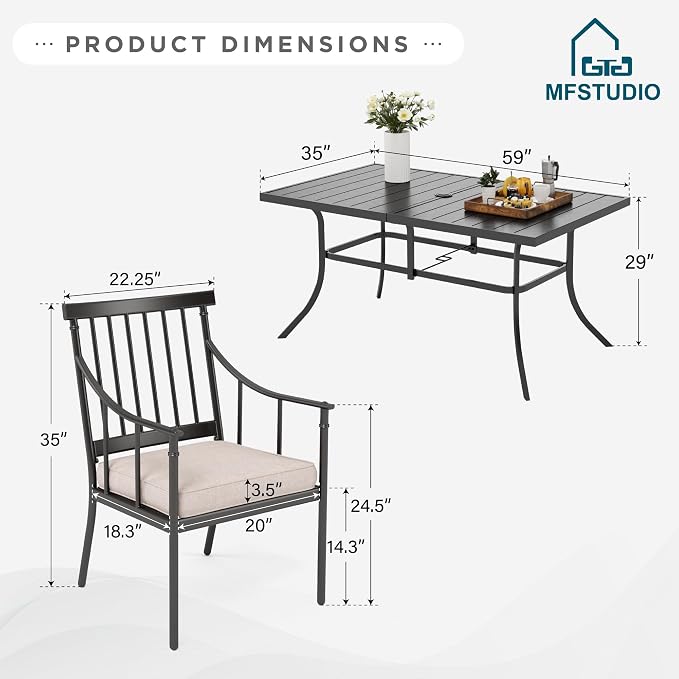 MFSTUDIO 7-Piece Patio Dining Set, Metal Chairs, 59" Metal Table | Umbrella Hole, Seats 6