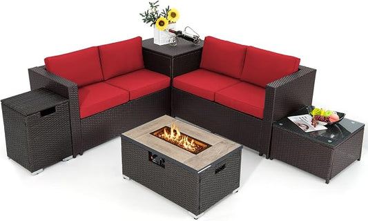 Tangkula 6 Pieces Patio Wicker Furniture Set with 32 Inches Propane Fire Pit Table and Tank Holder, Outdoor Conversation Set with Storage Box and Coffee Table (Red)