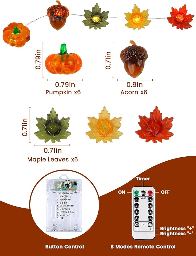 2 Pack 30 LED Fall Decorations, String Lights Battery Operated with Remote | 20FT 3D Pumpkin Acorn Maple Leaf Fairy Twinkle Lights Timer, Waterproof Outdoor Autumn Harvest, Thanksgiving, Halloween Decor