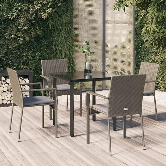 5-Piece Outdoor Dining Set, Poly Rattan Garden Table and 4 Chairs with Gray Cushions, Patio Furniture for Backyard, Balcony, and Deck