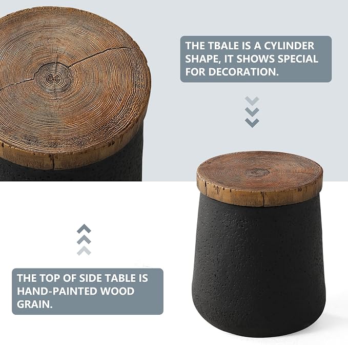 COSIEST Outdoor Side Table Set of 2, 2 Pieces End Table, Cylinder Shaped Patio Side Table, Black Outdoor Concrete Accent Table Stool with Faux-Wood Tree Trunk Slice Top for Outside, Indoor, Garden