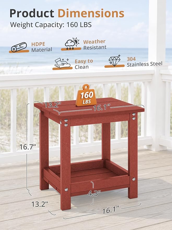 LUE BONA Outdoor Side Table, 2-Tier HDPE Small Outdoor End Table with Rail for Patio, Deck, Poolside, Low Maintenance & Weather Resistant, Red