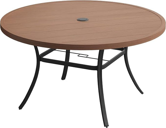 VICLLAX 63" Outdoor Round Patio Table with Umbrella Hole, All Weather Metal Round Outdoor Dining Table for Lawn Garden, 8-10 Person Table, Walnut Wood-Grain Tabletop