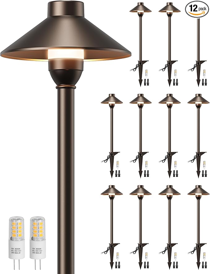 Low Voltage Landscape Lighting 12-Pack, Aluminum 12V Pathway Lights with G4 Bulbs, Waterproof Oil Rubbed Bronze Color Wired Path Lights with Connectors for Walkway Yard Garden