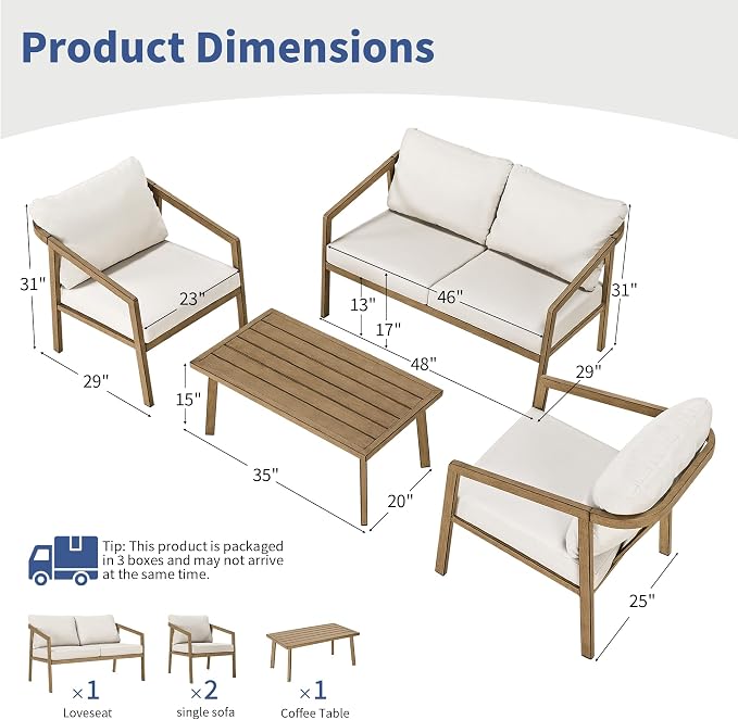 4-Piece Patio Sofa Set, Never-Rust Aluminum Patio Furniture with Thick Removable Cushions, Outdoor Conversation Set with 2 Armchairs, Loveseat & Table for Garden Deck Pool Poolside (Brown)