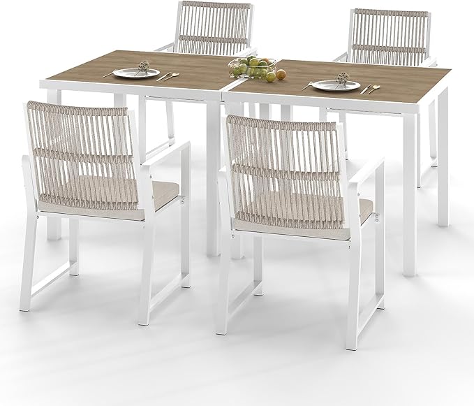 6 Pieces Metal Outdoor Dinning Set Featuring 2 Tables and 4 Ratten Chairs Waterproof and Rust-Proof Courtyard Style Table Garden Balcony Poolside, White 6 Pcs