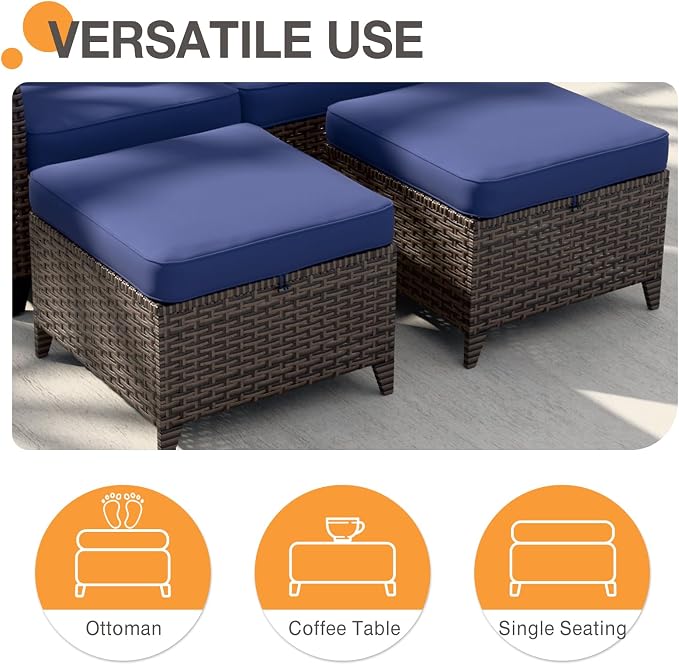COOS BAY Harbor Retreat 4 Piece Outdoor Furniture Set, Patio Conversation Set with Patio Chairs and Ottomans, Wicker Furniture, Brown/Blue