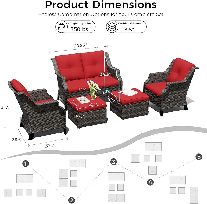 Outdoor Patio Furniture Set, 5 Piece Wicker Patio Furniture with Thick Cushions, Curved Armrest, Deep Seating, Rattan Outdoor Chairs for Porch, Deck, Balcony
