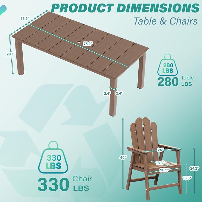 9 Piece Patio Dining Set for 8, HDPE Outdoor Furniture, Brown | 89.4” table,Heavy-duty 8 person patio set, high back eco-friendly HDPE, comfortable seating for large outdoor meals