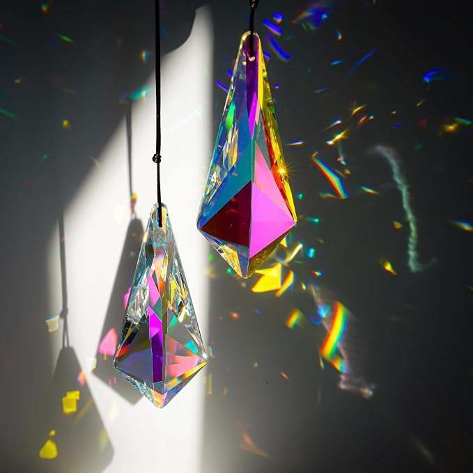 2 Pcs AB Coating Crystal Horn Prism Suncatcher Rainbow Window Decor | AB Coating Crystal Horns Prisms Suncatcher Rainbow Maker Hanging Pendants for Wedding Party Christmas Tree Window Decor