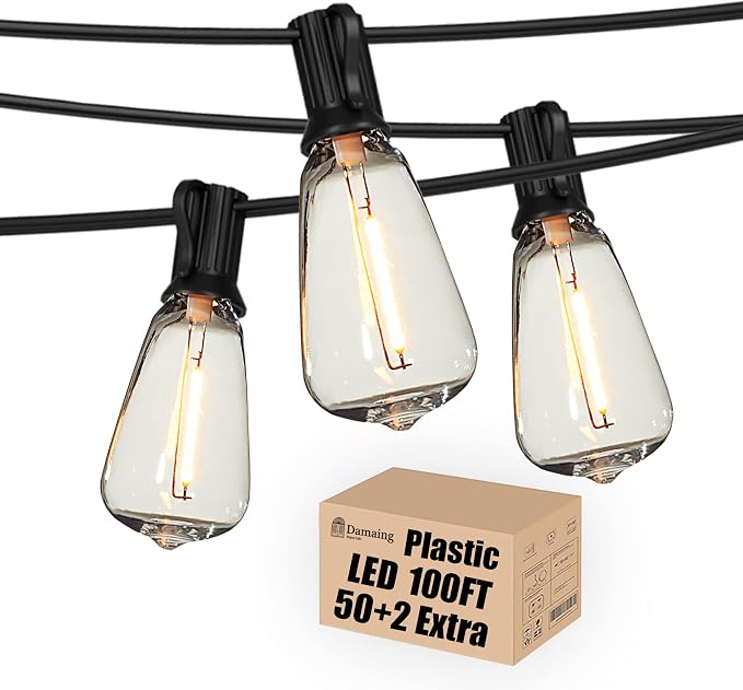 Outdoor String Lights 100FT Waterproof Lighting for Outside Patio Backyard | 52 Plastic Dimmable ST38 Edison Bulbs,100FT Connectable Outdoor Lights for Porch Bistro Garden Gazebo Balcony Cafe Deck Yard