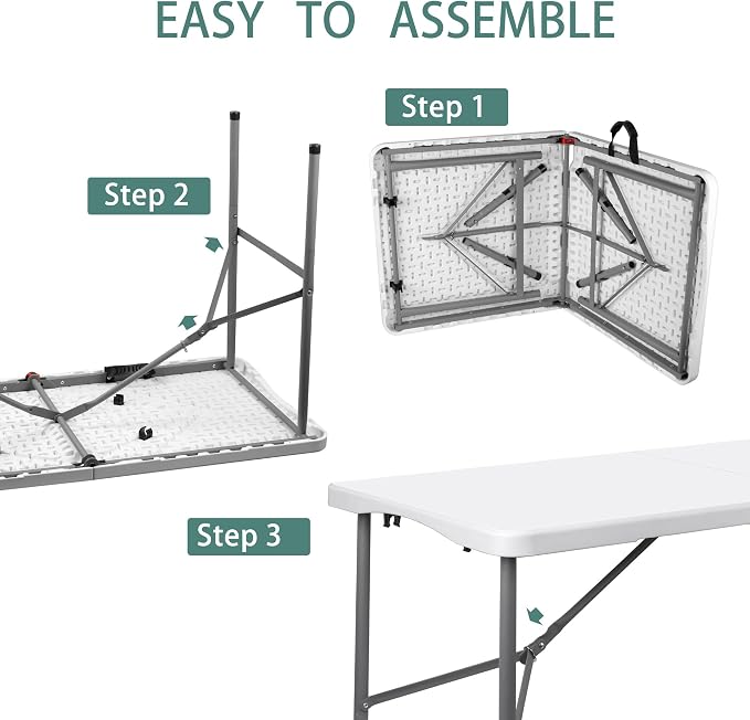 Plastic Folding Table 4ft,Outdoor Folding Utility Table Adjustable, Portable Picnic Camping Table with w/Handle, Lock for Party, Wedding, Kitchen, Beach, Kitchen, BBQ - White